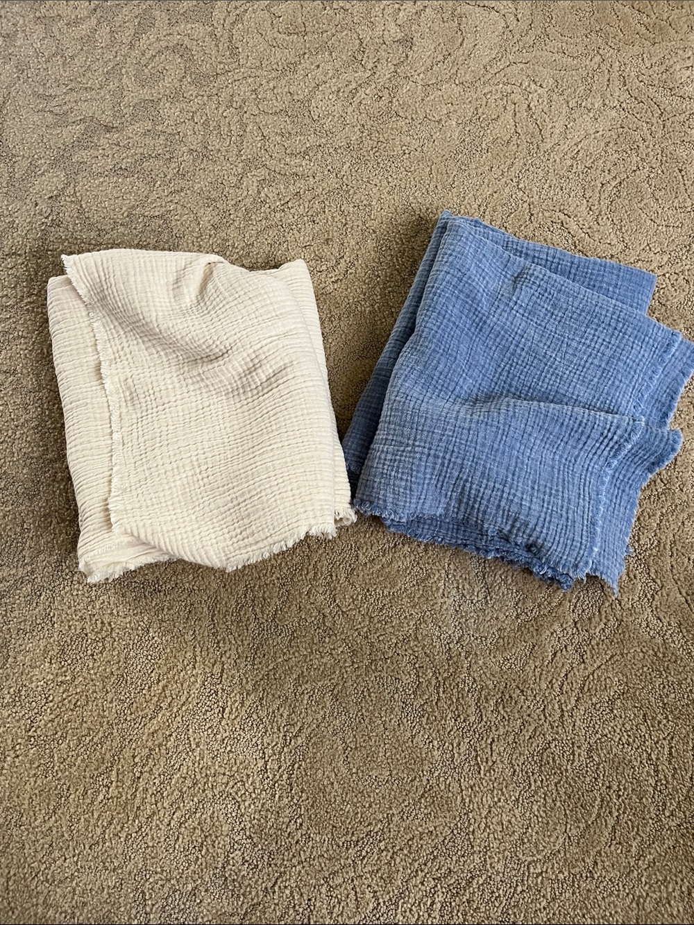 Two Lightweight Muslin Scarves - Cream and Blue